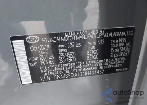 2022 Hyundai Santa Fe Calligraphy z USA, uszkodzony, nr VIN 5NMS5DAL2NH404452